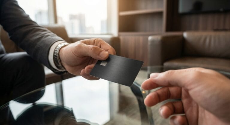תקריב על כרטיס NFC ממתכת שחורה המועבר בין שני אנשי מקצוע בסביבה עסקית מודרנית