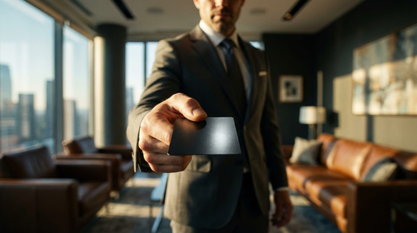 כרטיס ביקור חכם NFC יוקרתי המועבר בין שני אנשי מקצוע בסביבה מודרנית