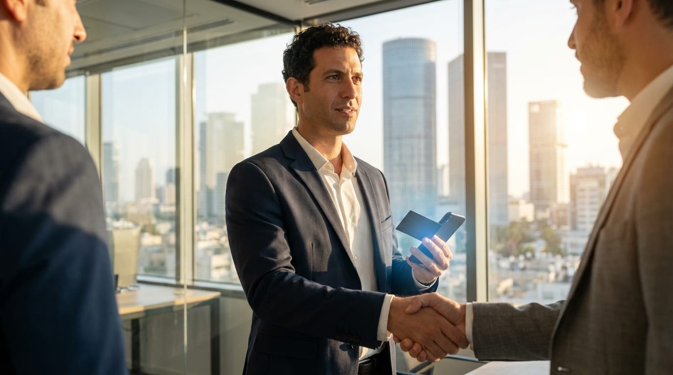 כרטיס ביקור דיגיטלי NFC בפעולה במהלך פגישה עסקית