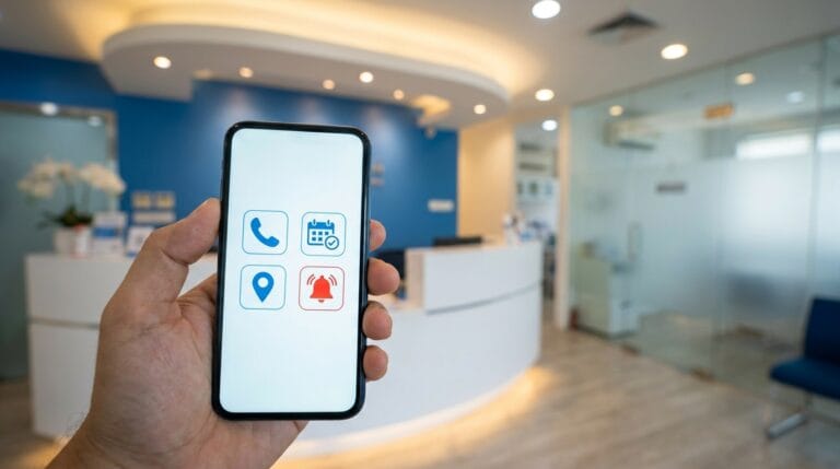 סמארטפון המציג כרטיס ביקור דיגיטלי של רופא שיניים עם אפשרויות לזימון תור והנחיות חירום